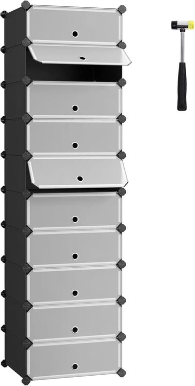 Famanu Schoenenrek kunststof, rechthoekig schappensysteem met 10 vakken, doe-het-zelf insteekbare schappen, opbergrek, garderobe, schoenmaker, 40 x 30 x 17 cm per vak, metaaldraad, zwart