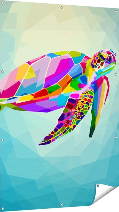 Gards Tuinposter Kleurrijke Schildpad in het Water - 100x150 cm - Tuindoek - Tuindecoratie - Wanddecoratie buiten - Tuinschilderij