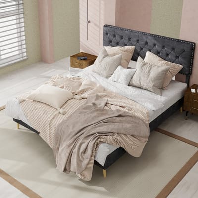 DESMIU Gestoffeerd Bed 140x200 cm – Hoofdbord Met Knoopdetails – Stevig Bedframe Met Opbergruimte Onder Bed – Slaapkamer – Stof En Metaal – Grijs Zonder Matras