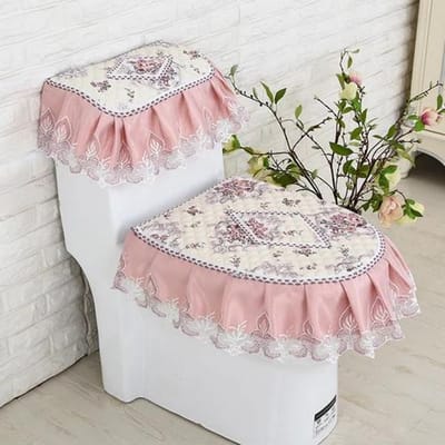 Huishoudelijk Toiletbrilkussen Driedelige Set Kantstof Toiletmat Europese stijl bloemen Spoeltoiletbrilhoes