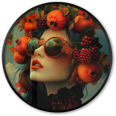 Poster in lijst Rond - Fotolijst 60x60 cm - Posters - Vrouw - Granaatappel - Herfst - Zonnebril - Ronde posterlijst zwart - Decoratie - Wanddecoratie woonkamer - Muurdecoratie slaapkamer