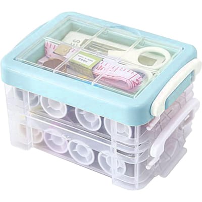 Boîte à couture 30 pièces Ensemble complet d'outils Trois couches Double usage Poignée Kit de couture avec étui pour la maison Blue white