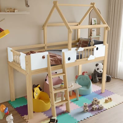 MODENUIT Hoogslaper 90x200 cm – Dakframe en Valbeveiliging – Drietrapsladder – Vrije Onderruimte – Wit/Naturel – Zonder matras