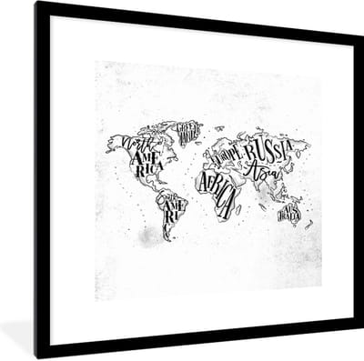 Poster in lijst - Fotolijst 40x40 cm - Posters - Wereldkaart - Zwart - Wit - Letters - Posterlijst zwart - Decoratie - Wanddecoratie woonkamer - Muurdecoratie slaapkamer