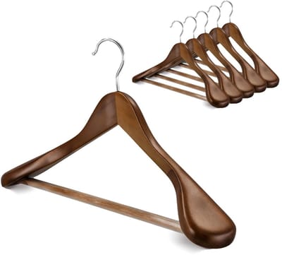 longziming -Kledinghangers - Kleerhangers - Massief Houten Hangers - Extra Breed Schouderdesign - Geïntegreerde Broekenstang - Vlekkeloos Gladde Natuurhoutafwerking - Ondersteunt Zware Wintermantels Zonder Vervorming - 6 Stuks
