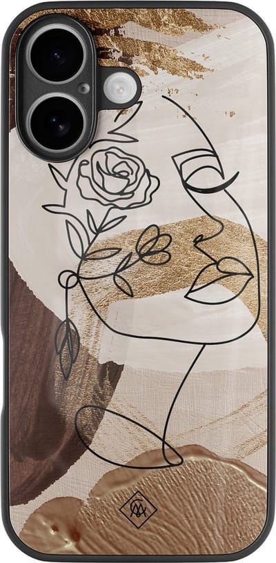 Casimoda® hoesje - Geschikt voor iPhone 16 - Abstract Gezicht Bruin - Luxe Hard Case Zwart - Backcover telefoonhoesje - Bruin/beige