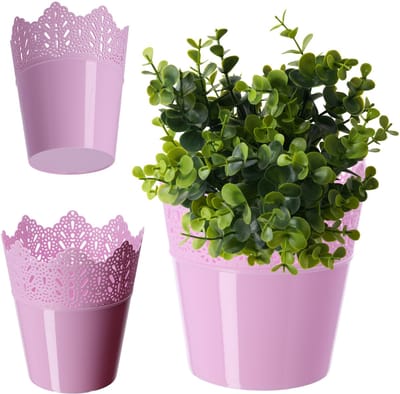 KADAX Puntige bloempot van kunststof, 9 kleuren, bloempot met kantmotief, bloempot bescherming voor kantoor, pot, tuinschaal, bloembak, bloempot (diameter 14,5 cm, laag, roze)