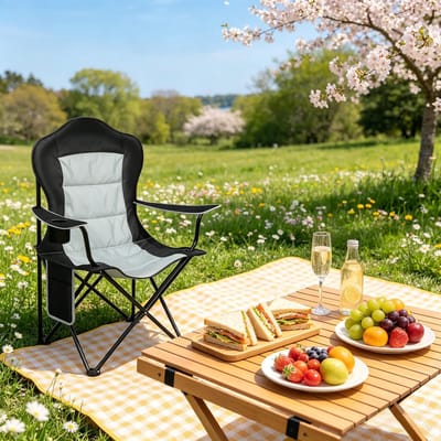 Wishdor Campingstoel - Opvouwbaar - Met bekerhouder en zijvak - Comfortabel - Strand, kamperen en picknick - Oxford stof - Zwart - 84 x 110 x 62 cm