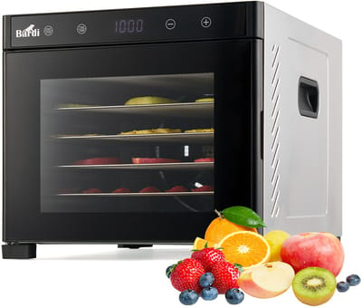 BARDI Professionele 6 Laags Voedseldroger - Dehydrator - Droogoven RVS - 24-Uurs Timer - Led-bedieningspaneel - Inclusief 6 Inlegvellen en Voedseltang - 650 Watt