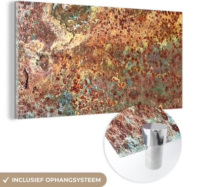 MuchoWow® Glasschilderij 120x60 cm - Schilderij acrylglas - Kleuren - Metaal - Roest - Structuur - Abstract - Foto op glas - Schilderijen