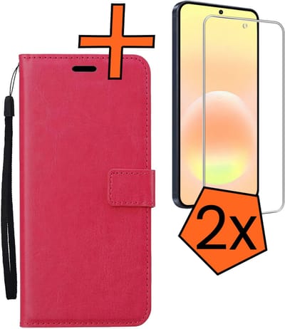 Hoes - Met 2x Screenprotector - Geschikt voor Samsung Galaxy A57 - Luxe Pasjeshouder - Bookcase Portemonee - Flip Case - Kunstleer Book Case - Flipcase Hoes - Book Cover - Walletcase - PortemonneeHoes - Donkerroze