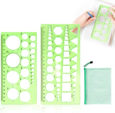 Multi-functionele Geometrische Liniaal Set, 2 Stuks, 1-18cm Sjablonen voor Schilderen, Tekeningen en Architectuur, Inclusief Rits Sluiting en Transparante Cirkelvormige Templates