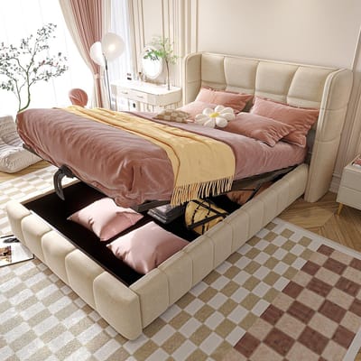 BLACKCOLORS Gestoffeerd bed 90 x 200 cm, kinderbed met lattenbodem, hoofdeinde en pneumatisch opbergsysteem, linnen frame, geschikt voor kinderen en tieners, beige
