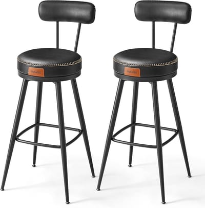 Furnstar - Barkruk set van 2 - 360° draaibare barkruk - Kruk met rugleuning voor bartafel - Kunstleer met naden - Mid-Century moderne stijl - 76 cm hoog - Keuken huisbar - Inktzwart - LBC889B01
