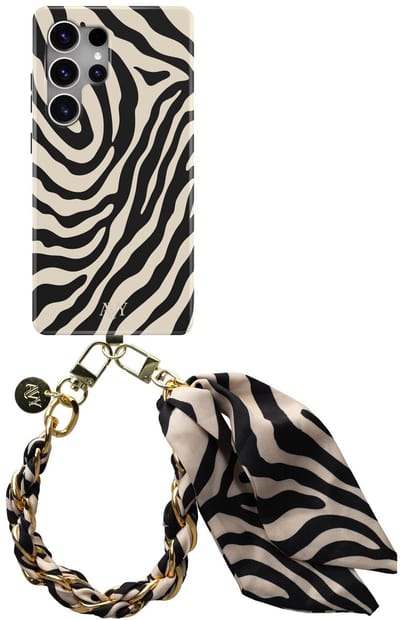AVY Hoesje Met Telefoonkoord | Geschikt voor Samsung Galaxy S25 Ultra | Compatibel met MagSafe | Hard Shell Back Cover | Stijlvol Bijpassend Koord 32CM | Serengeti Zebra | Zwart & Wit