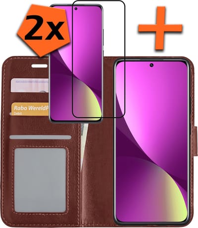 Hoes - Met 2x Screenprotector - Geschikt voor Xiaomi 12 - Luxe Pasjeshouder - Bookcase Portemonee - Flip Case - Kunstleer Book Case - Flipcase Hoes - Book Cover - Walletcase - PortemonneeHoes - Bruin