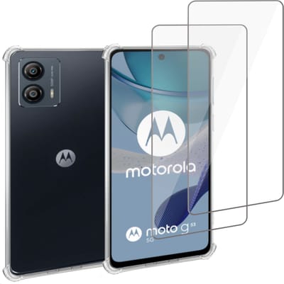 Geschikt voor Motorola Moto G53 Hoesje + 2x Screenprotector – Gehard Glas Cover + Shock Proof Case – Transparant
