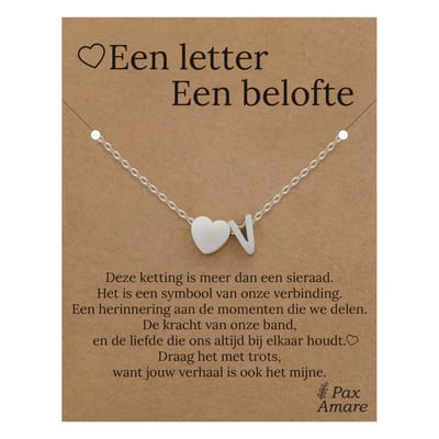 Letter V ketting op Cadeau Kaartje - Een letter, een belofte - 45cm Zilverkleurig Stainless Steel - Initiaal & Hartje Hanger - Pax Amare