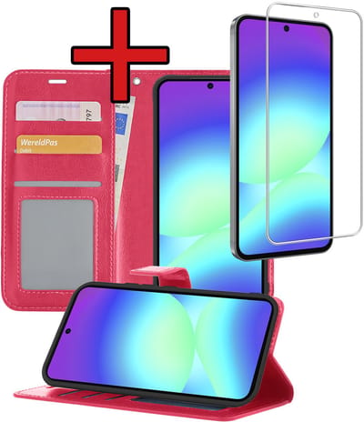 Hoesje - Met Screenprotector - Geschikt voor Samsung Galaxy A56 - Luxe Pasjeshouder - Flipcase - Bookcase Portemonee - Flip Case - Kunstleer Book Case - Book Cover - Walletcase - Portemonneehoes - Telefoonhoes - Donkerroze