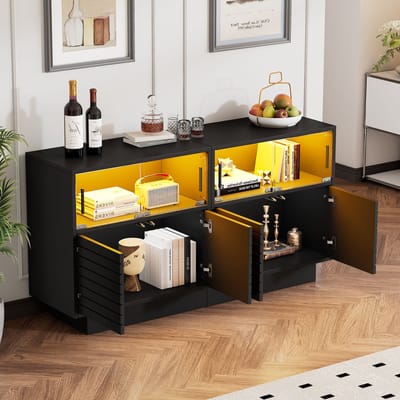 Sideboard - 130x35x68 cm - zwart - LED USB-licht - schuifglasdeuren - 3 niveaus