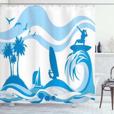 ABAKUHAUS Douchegordijn – Surfergolven – Blauw/Lichtblauw 175x200 cm