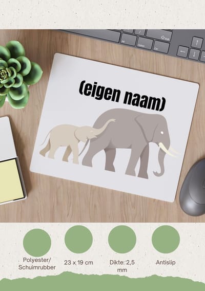 Akyol - olifant en kleine met eigen naam Muismat - Olifant - dieren liefhebber - iemand die houdt van olifanten - verjaardag - cadeau - kado - geschenk - 23 bij 19 cm