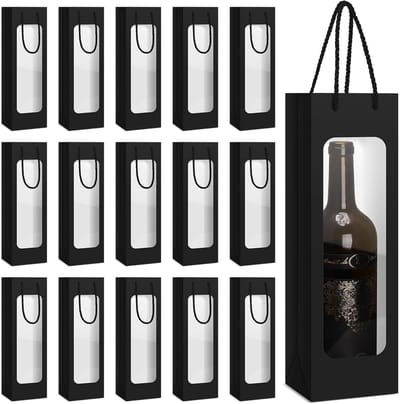 Wijn geschenkzakjes - Fles draagtassen - Cadeau geven - Met venster - 24 stuks - Zwart