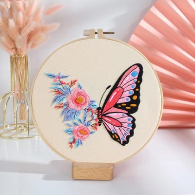 Diy handgeborduurde vlinderbloemenkit voor beginners Cross Stitch Set naaldwerk hoepel handgemaakte naaikunst Craft Kit blauw/roze