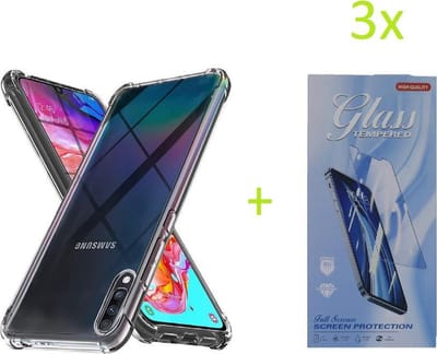 Hoesje Geschikt voor: Samsug Galaxy A70 - Anti Shock Silicone Bumper - Transparant + 3X Tempered Glass Screenprotector