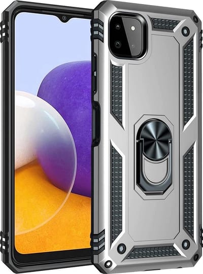 Hoesje Geschikt Voor Samsung Galaxy A22 5G hoesje Hybrid Armor Anti-Shock hoesje Zilver - Galaxy A22 5G - A22 5G Hoesje kickstand Ring houder cover TPU backcover hoesje