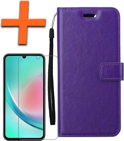 Hoes - Met Screenprotector - Geschikt voor Samsung Galaxy A34 - Luxe Pasjeshouder - Bookcase Portemonee - Flip Case - Kunstleer Book Case - Flipcase - Book Cover - Walletcase - PortemonneeHoes - Paars