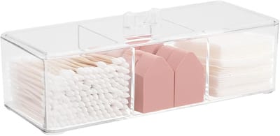 Wattenstaafjeshouder, 3 vakken, transparant, badkamerorganizer, stapelbaar, plastic doos met deksel, cosmetica-organizer, make-up, wattenschijfjes, opslag voor badkamer, wastafel, keuken