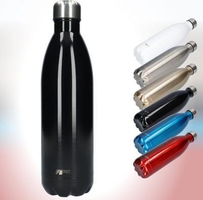 FBFS150, Thermosfles, Drinkfles, Waterfles - 1 liter - Thermos fles voor de warme en koude dagen - Dubbelwandig - Thermosbeker Koffie, thee en Koele dranken - Water fles voor onderweg - Black - Zwart