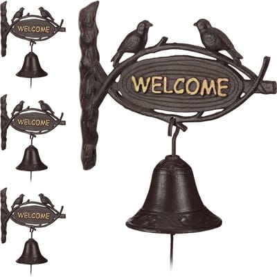 4x deurbel gietijzer WELCOME - tuinbel vogels - ijzeren bel - wandbel klok deur