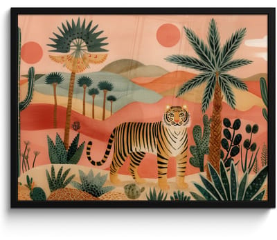 Poster in lijst - Fotolijst 80x60 cm - Posters - Tijger - Kleurrijk - Palmen - Cactus - Posterlijst zwart - Decoratie - Wanddecoratie woonkamer - Muurdecoratie slaapkamer