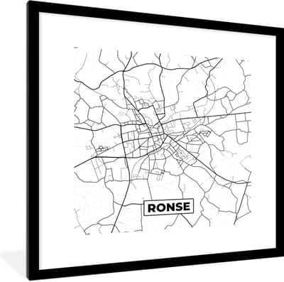 Fotolijst incl. Poster Zwart Wit- Stadskaart – Plattegrond – België – Zwart Wit – Ronse – Kaart - 40x40 cm - Posterlijst