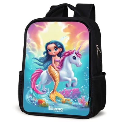 NoBoringSuitcases.com® - Rugzak zwart - Schooltas jongen & meisje - Zeemeermin met gouden staart met een witte eenhoorn - Rugtas voor school - Boekentas kind - Schoolrugzak - Kinderrugzak