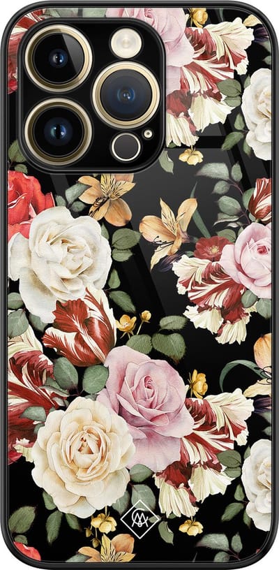 Casimoda® hoesje - Geschikt voor iPhone 14 Pro - Bloemen flowerpower - Luxe Hard Case Zwart - Backcover telefoonhoesje - Multi