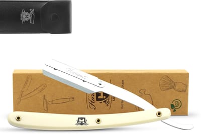 Haryali London Cutthroat Razor Scheermes, Heren Half Blade Cut Throat Razor Ivoorkleur met echt lederen etui, Klassiek scheermes voor mannen + mesjes