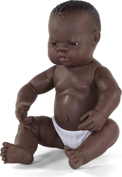 MINILAND Babypop - Afrikaanse Jongen 40Cm - Met Vanillegeur - Waterdicht - 10 Maanden