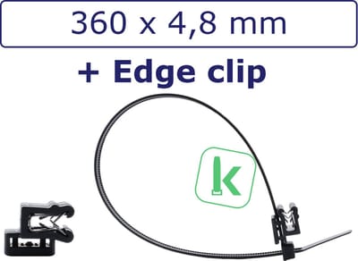 PRO-TIE® - Tyraps, kabelbinders speciaal UV++ bestendig 360 x 4,8 mm zwart, met Edge Clip (A-Type), paneel klemvoet voor paneel 1 t/m 3mm Zwart (Zak 100 stuks) (tiewrap/tyrap/tie-wrap/bundelbandje/colsonbandje/)