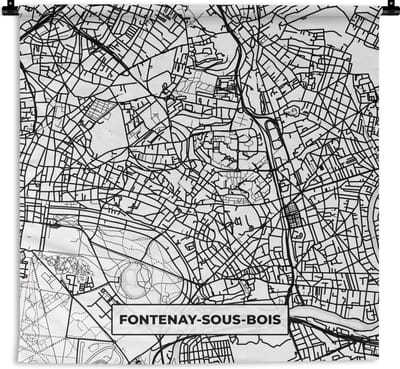 Wandkleed - Wanddoek - Stadskaart - Frankrijk - Fontenay-sous-Bois - Kaart - Plattegrond - Zwart wit - 180x180 cm - Wandtapijt