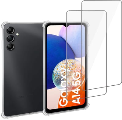 Geschikt voor Samsung A14 5G Hoesje + 2x Screenprotector – Gehard Glas Cover + Shock Proof Case – Transparant