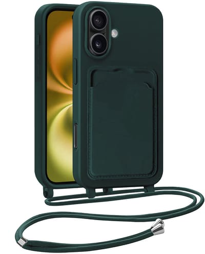 Hoesje Geschikt voor iPhone 16 Plus Telefoonhoesje Met Koord Case Pashouder Siliconen - Hoes Geschikt voor iPhone 16 Plus Hoesje Met Kaarthouder - Donkergroen