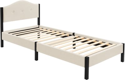Gestoffeerd bed 90x200 cm, beige, eenpersoonsbed met stevig bedframe, bed met gestoffeerd hoofdeinde en lattenbodem, jeugdbed ML-Design