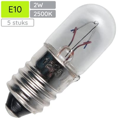 Signaallamp E10 12V 2W - 166 mAh - 5 stuks - T10 Gloeilamp Ø10mm - 28mm - 2500K - Dimbaar