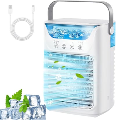 VHV - Luchtkoeler - Mini airco - Aircooler - Tafelventilator - 4-in-1 - Draagbaar - Verdampingskoeler - Voor bureau en slaapkamer - 16.5*12.2*21.1cm - Wit