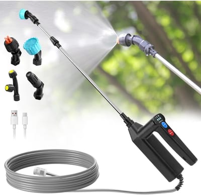 GELLDG Elektrische sproeier - 3 snelheidsstanden - Krachtige 7,4V tuinsproeier - Met 4 sproeikoppen - Werkt op accu - Inclusief 8 meter slang en telescopische steel - Sproeier - Geschikt voor reiniging en besproeiing
