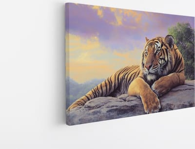 Saammp Canvas Schilderij - Jonge Tijger op rots - Natuur - Dieren - 30x20 - Foto op canvas - Wanddecoratie - muurdecoratie Woonkamer - Slaapkamer decoratie - Canvas Print