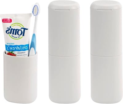 Set van 2 Reisetandenborstels met Tandpasta Opbergdoos, Draagbare Mondspoelcontainers voor Kamperen, School en Zakenreizen in Lichtgrijs